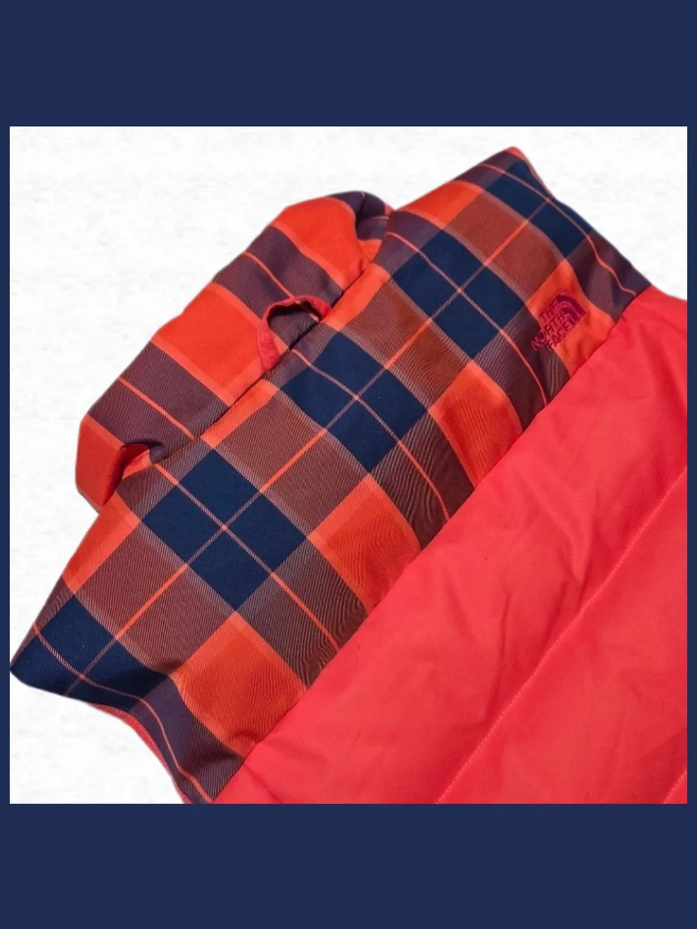 North Face Retro Plaid Vest Large Coral Red Orange Blue Down Puffer Womens Large